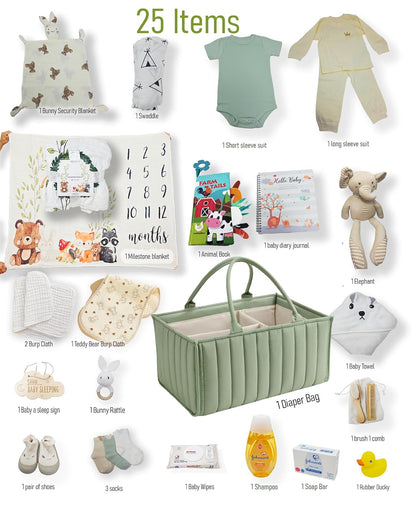 The Ultimate New Baby Gift Basket Unisex | Green Baby Shower Gift Set w/Diaper Caddy, Essentials & Keepsakes | Care Package for New Mom, Baby Boy or Girl | Welcome Baby Present w/Clothes & Nursery