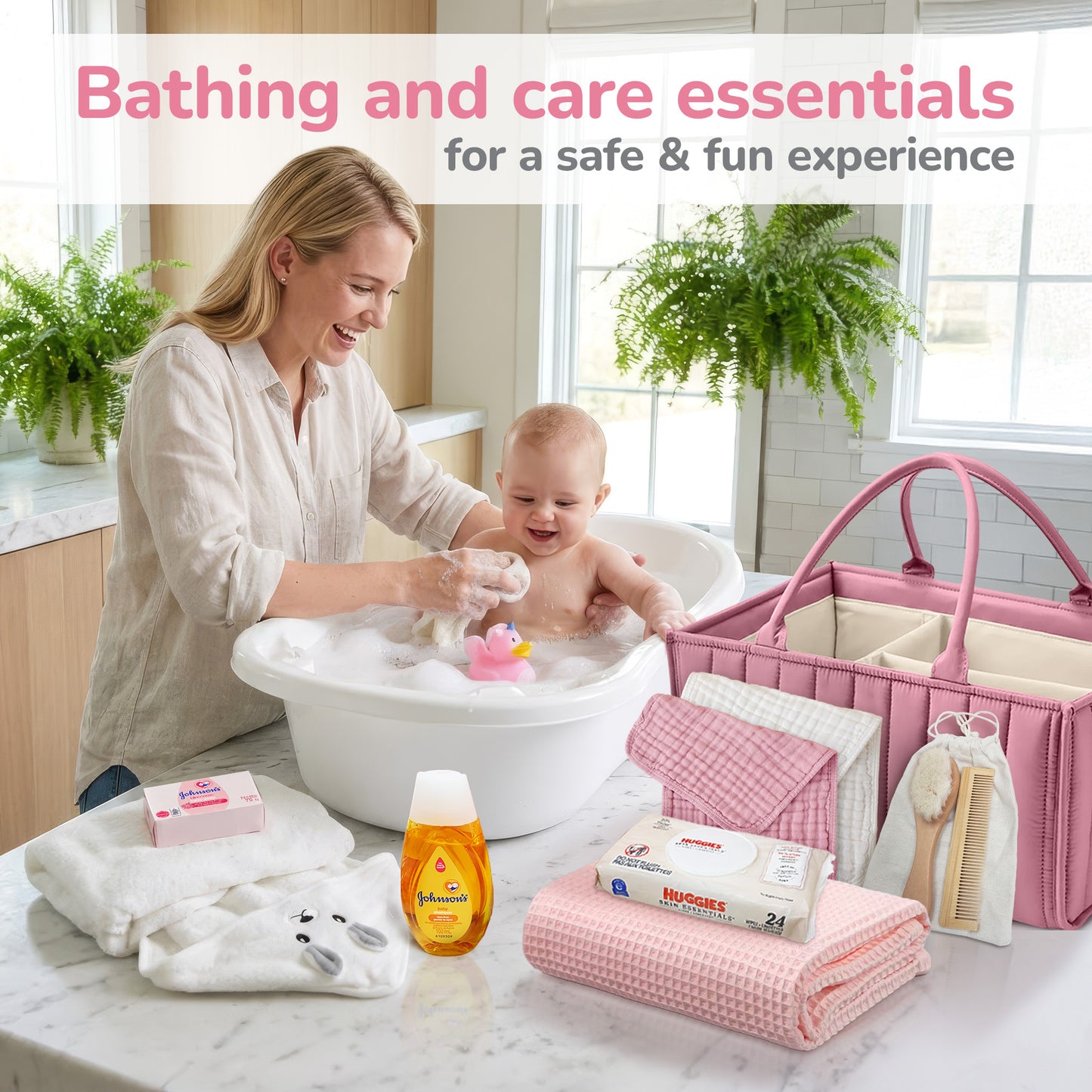 Premium New Baby Girl Gift Basket  Newborn Essentials Care Package in Diaper Caddy Organizer  Elephant Plush Toy, Baby Clothes, Bath Set, Hooded Towel, Rattle, Keepsakes & More Pink & White