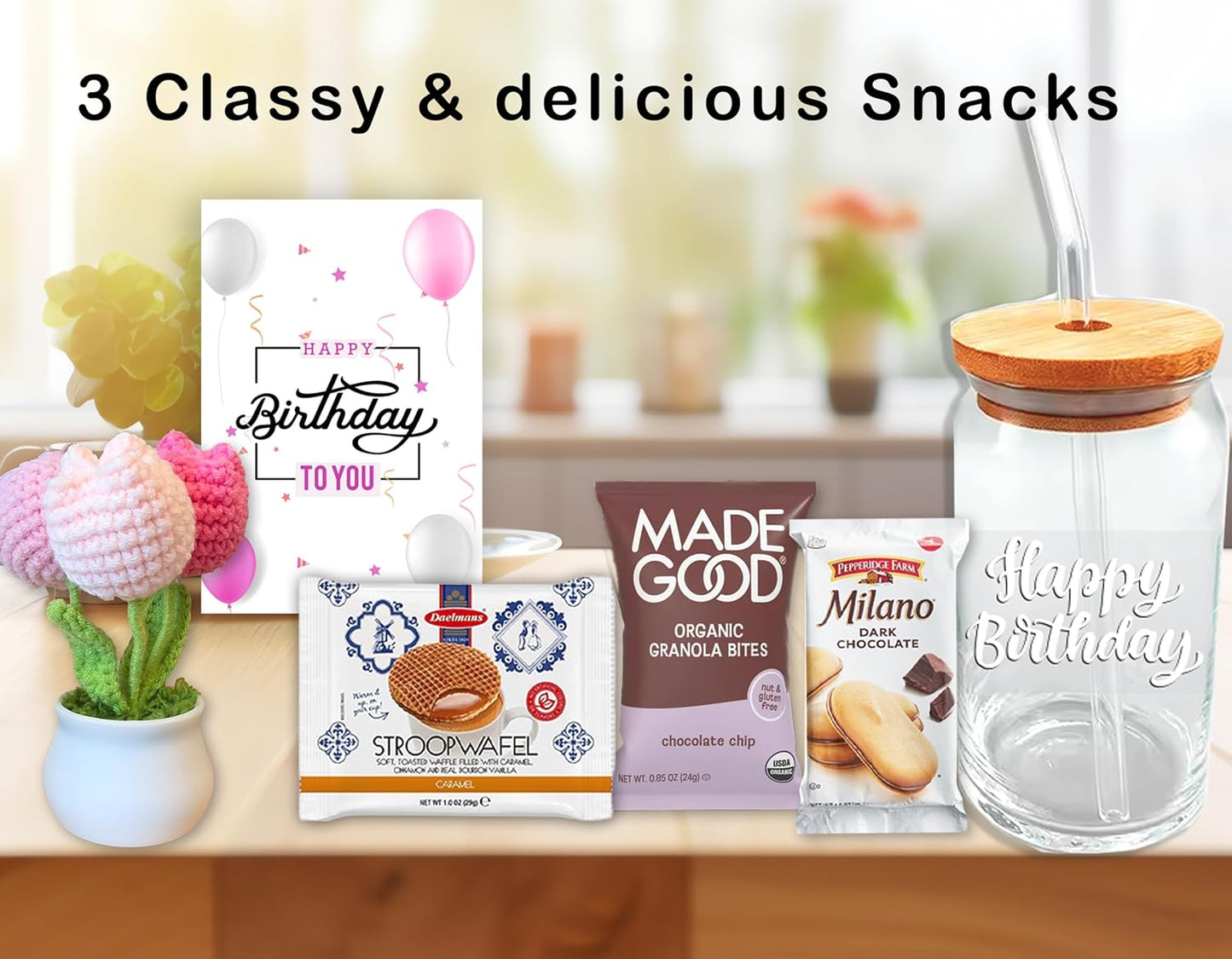 Birthday Gift Basket for Women, Self Care package, Happy Birthday Gifts for Her, Mom, Sister, Friend, Wife, Girlfriend, perfect Gifts Ideas w/Balloon, food snacks & goodies, Crochet Flower, Candle