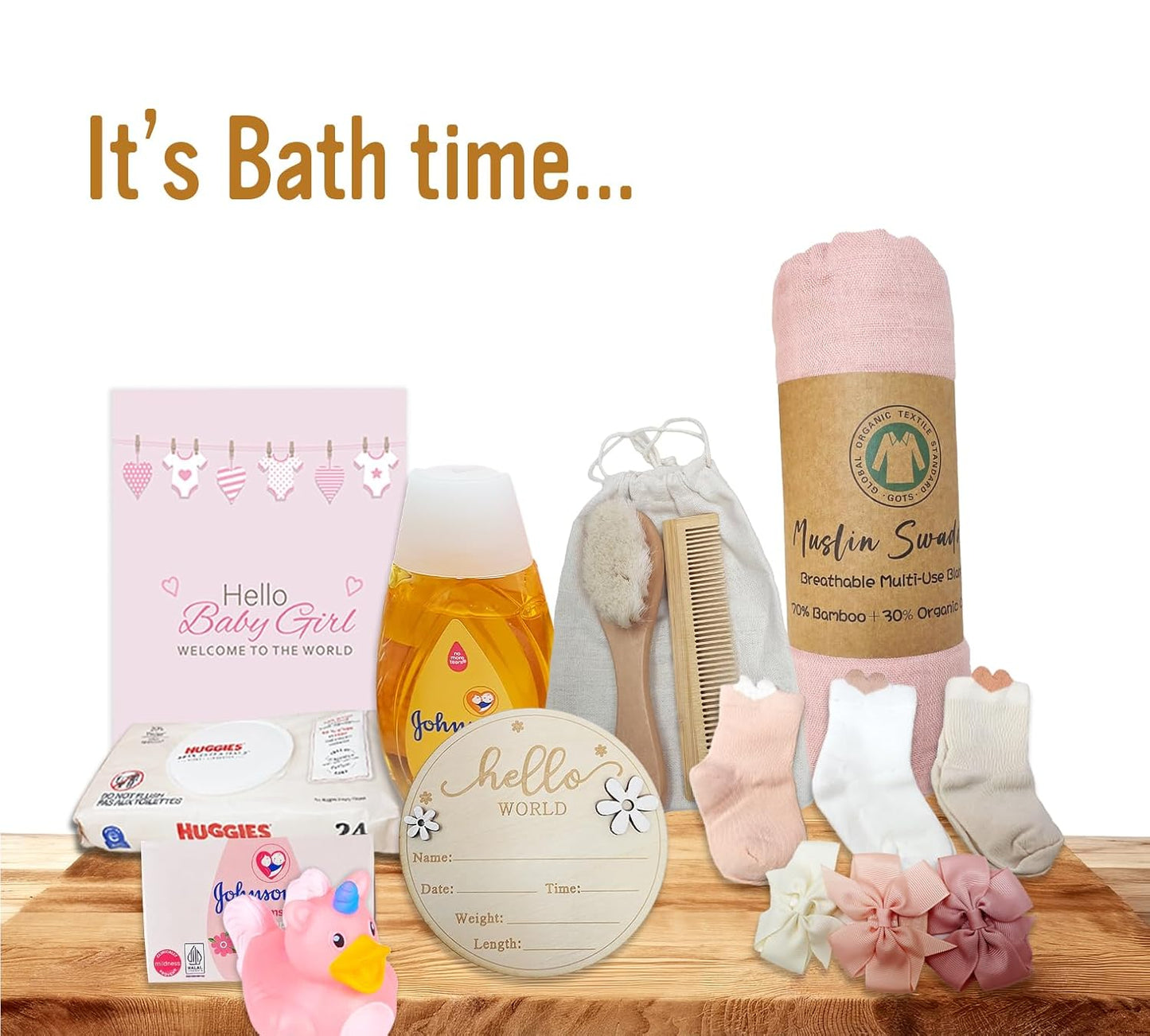 Premium New Baby Girl Gift Basket  Newborn Essentials Care Package in Diaper Caddy Organizer  Elephant Plush Toy, Baby Clothes, Bath Set, Hooded Towel, Rattle, Keepsakes & More Pink & White