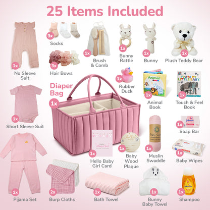 Premium New Baby Girl Gift Basket  Newborn Essentials Care Package in Diaper Caddy Organizer  Elephant Plush Toy, Baby Clothes, Bath Set, Hooded Towel, Rattle, Keepsakes & More Pink & White