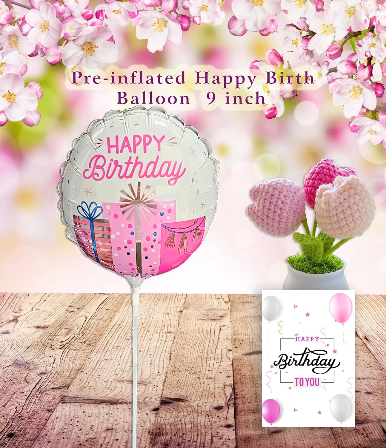 Birthday Gift Basket for Women, Self Care package, Happy Birthday Gifts for Her, Mom, Sister, Friend, Wife, Girlfriend, perfect Gifts Ideas w/Balloon, food snacks & goodies, Crochet Flower, Candle