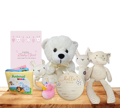 Premium New Baby Girl Gift Basket  Newborn Essentials Care Package in Diaper Caddy Organizer  Elephant Plush Toy, Baby Clothes, Bath Set, Hooded Towel, Rattle, Keepsakes & More Pink & White
