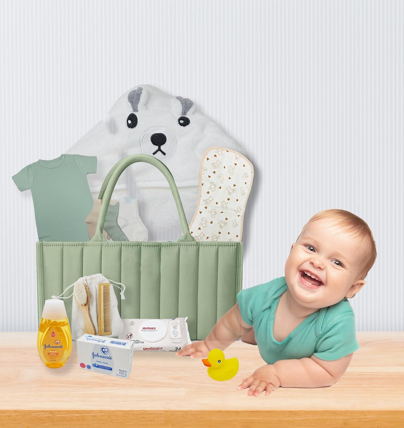 The Ultimate New Baby Gift Basket Unisex | Green Baby Shower Gift Set w/Diaper Caddy, Essentials & Keepsakes | Care Package for New Mom, Baby Boy or Girl | Welcome Baby Present w/Clothes & Nursery
