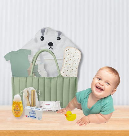 The Ultimate New Baby Gift Basket Unisex | Green Baby Shower Gift Set w/Diaper Caddy, Essentials & Keepsakes | Care Package for New Mom, Baby Boy or Girl | Welcome Baby Present w/Clothes & Nursery