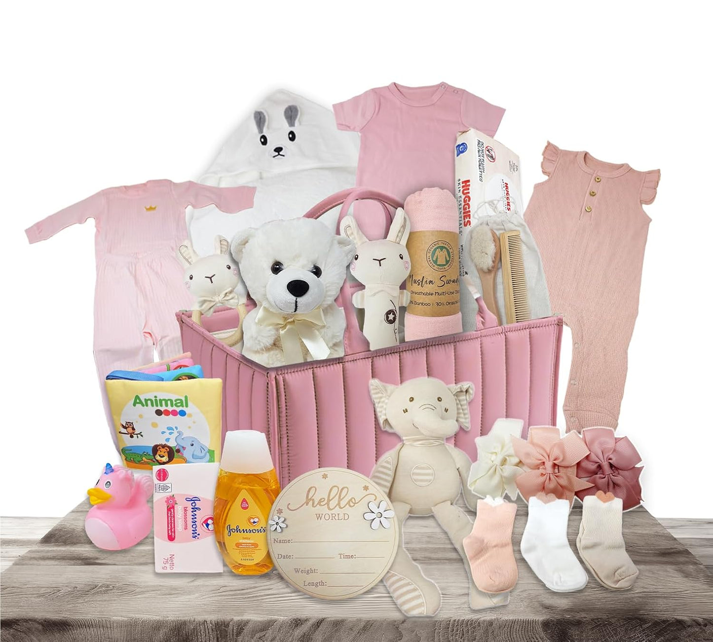 Premium New Baby Girl Gift Basket  Newborn Essentials Care Package in Diaper Caddy Organizer  Elephant Plush Toy, Baby Clothes, Bath Set, Hooded Towel, Rattle, Keepsakes & More Pink & White