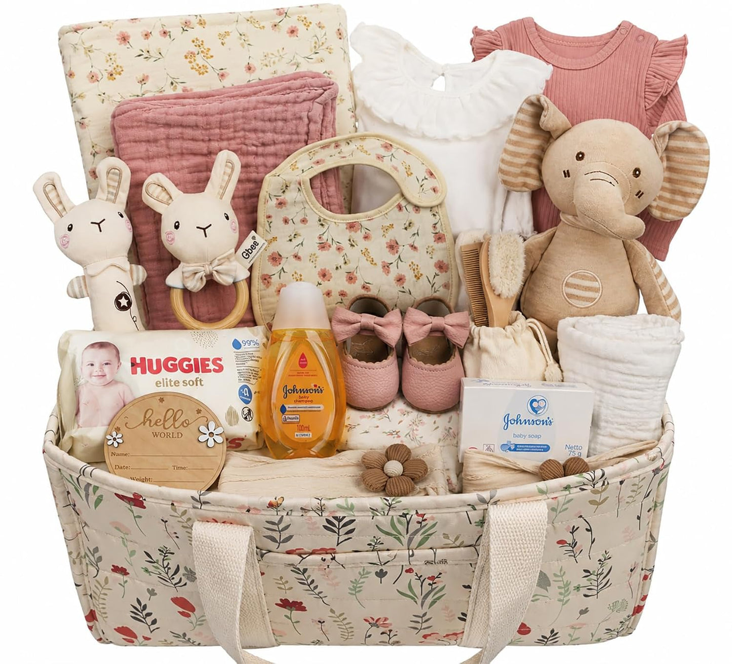 Premium Baby Girl Gift Basket for Newborn Baby & Parents, Floral Baby Gift Set from Grandma, Diaper Bag Organizer Basket, Baby Clothes, Blanket, Bath Essentials, Shoes & Keepsake Beyond The Box