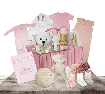 Premium New Baby Girl Gift Basket  Newborn Essentials Care Package in Diaper Caddy Organizer  Elephant Plush Toy, Baby Clothes, Bath Set, Hooded Towel, Rattle, Keepsakes & More Pink & White
