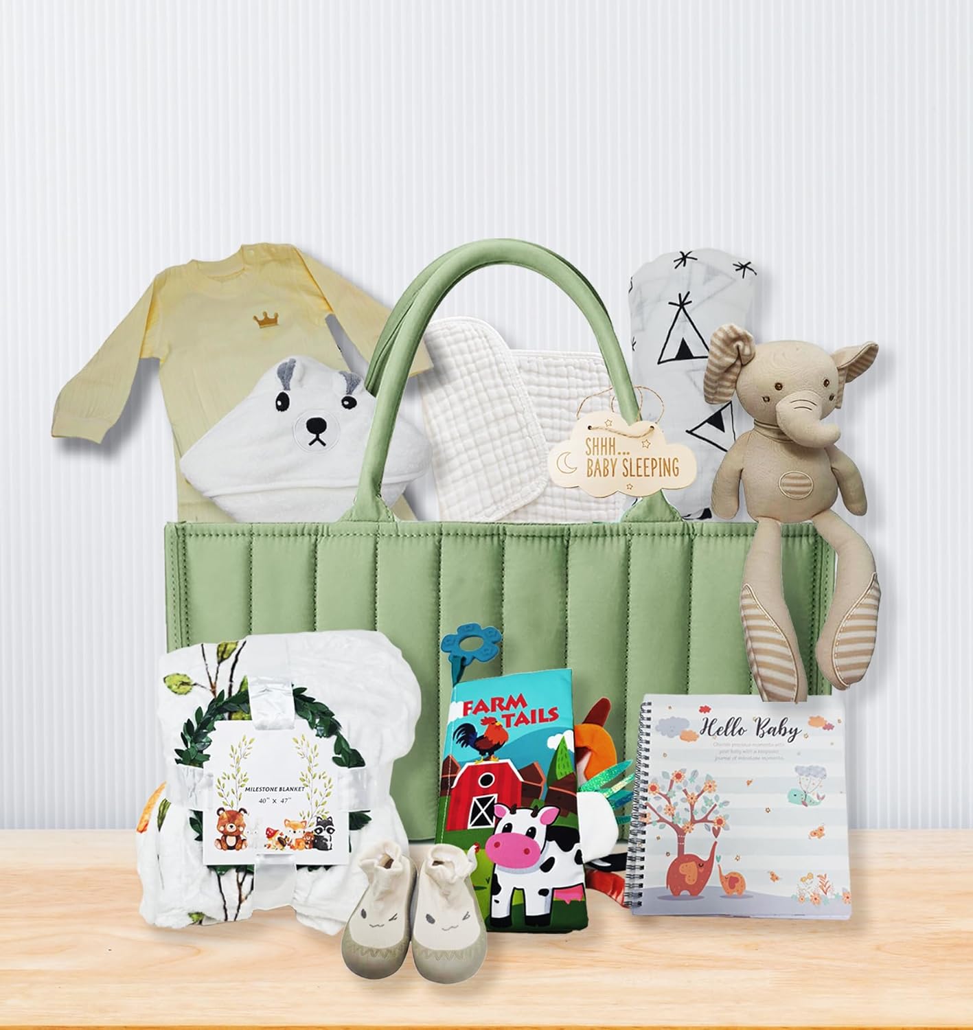 The Ultimate New Baby Gift Basket Unisex | Green Baby Shower Gift Set w/Diaper Caddy, Essentials & Keepsakes | Care Package for New Mom, Baby Boy or Girl | Welcome Baby Present w/Clothes & Nursery