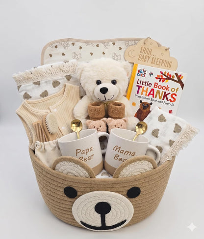 Baby Gift Basket for Newborn Baby Boy or Girl &amp; Parents – Bear Theme New Baby Gift Set with Mama Bear &amp; Papa Bear Mugs, Baby Essentials, Storage Basket, Book &amp; Keepsakes Beyond The Box