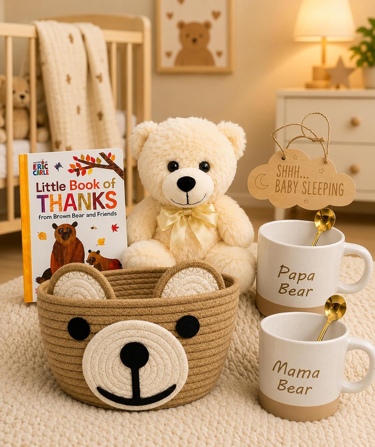 Baby Gift Basket for Newborn Baby Boy or Girl &amp; Parents – Bear Theme New Baby Gift Set with Mama Bear &amp; Papa Bear Mugs, Baby Essentials, Storage Basket, Book &amp; Keepsakes Beyond The Box
