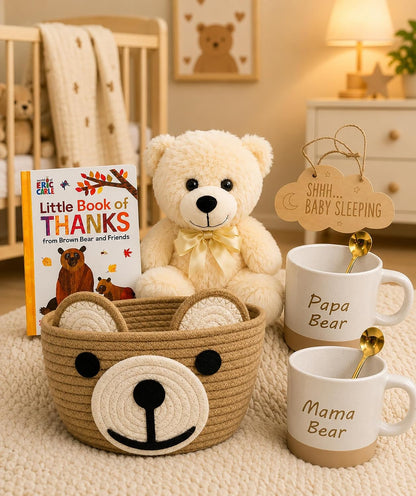 Baby Gift Basket for Newborn Baby Boy or Girl &amp; Parents – Bear Theme New Baby Gift Set with Mama Bear &amp; Papa Bear Mugs, Baby Essentials, Storage Basket, Book &amp; Keepsakes Beyond The Box