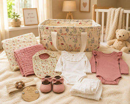 Premium Baby Girl Gift Basket for Newborn Baby & Parents, Floral Baby Gift Set from Grandma, Diaper Bag Organizer Basket, Baby Clothes, Blanket, Bath Essentials, Shoes & Keepsake Beyond The Box