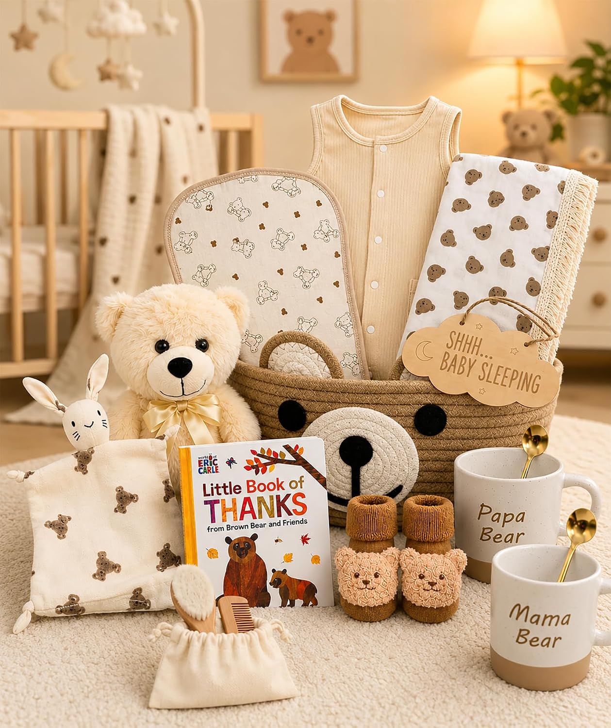 Baby Gift Basket for Newborn Baby Boy or Girl &amp; Parents – Bear Theme New Baby Gift Set with Mama Bear &amp; Papa Bear Mugs, Baby Essentials, Storage Basket, Book &amp; Keepsakes Beyond The Box