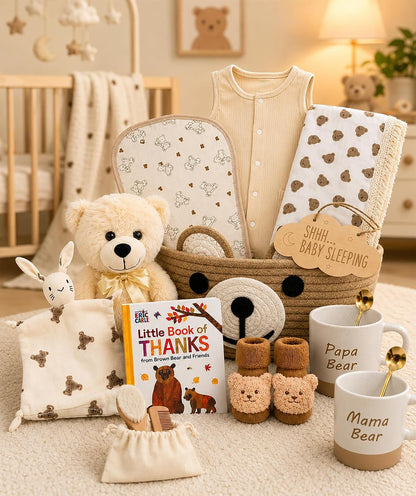 Baby Gift Basket for Newborn Baby Boy or Girl &amp; Parents – Bear Theme New Baby Gift Set with Mama Bear &amp; Papa Bear Mugs, Baby Essentials, Storage Basket, Book &amp; Keepsakes Beyond The Box