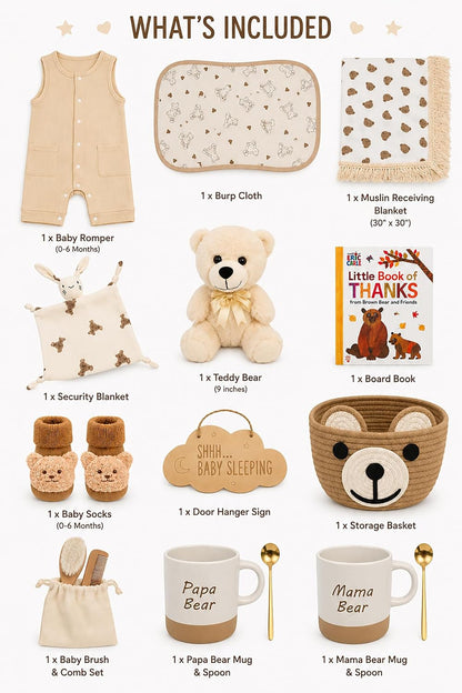 Baby Gift Basket for Newborn Baby Boy or Girl &amp; Parents – Bear Theme New Baby Gift Set with Mama Bear &amp; Papa Bear Mugs, Baby Essentials, Storage Basket, Book &amp; Keepsakes Beyond The Box