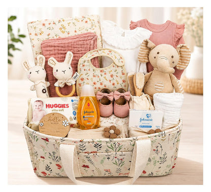 Premium Baby Girl Gift Basket for Newborn Baby & Parents, Floral Baby Gift Set from Grandma, Diaper Bag Organizer Basket, Baby Clothes, Blanket, Bath Essentials, Shoes & Keepsake Beyond The Box