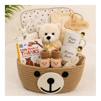 Baby Gift Basket for Newborn Baby Boy or Girl &amp; Parents – Bear Theme New Baby Gift Set with Mama Bear &amp; Papa Bear Mugs, Baby Essentials, Storage Basket, Book &amp; Keepsakes Beyond The Box