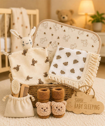 Baby Gift Basket for Newborn Baby Boy or Girl &amp; Parents – Bear Theme New Baby Gift Set with Mama Bear &amp; Papa Bear Mugs, Baby Essentials, Storage Basket, Book &amp; Keepsakes Beyond The Box