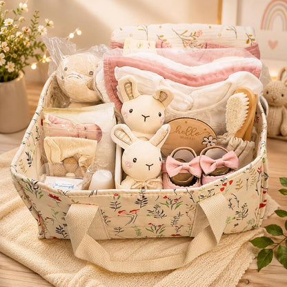 Premium Baby Girl Gift Basket for Newborn Baby & Parents, Floral Baby Gift Set from Grandma, Diaper Bag Organizer Basket, Baby Clothes, Blanket, Bath Essentials, Shoes & Keepsake Beyond The Box