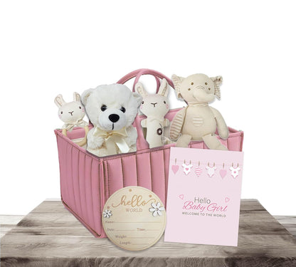 Premium New Baby Girl Gift Basket  Newborn Essentials Care Package in Diaper Caddy Organizer  Elephant Plush Toy, Baby Clothes, Bath Set, Hooded Towel, Rattle, Keepsakes & More Pink & White