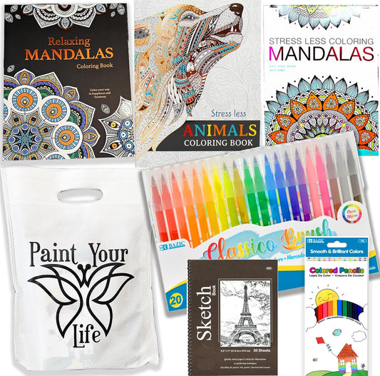 Adult Coloring Book Set  Art kit activities Mandalas, Pencils & Markers care package  Gift basket Get well soon gift, for women, men, after surgery for Stress Anxiety Relief & Relaxation