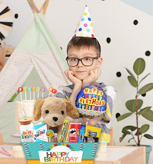 Birthday Gift Basket  Care Package for kids Happy Birthday Balloon & Greeting card, Candy & Snacks. The ultimate variety gift box for boy, girl, teenager, Grandson or Granddaughter, Fun Surprise Box