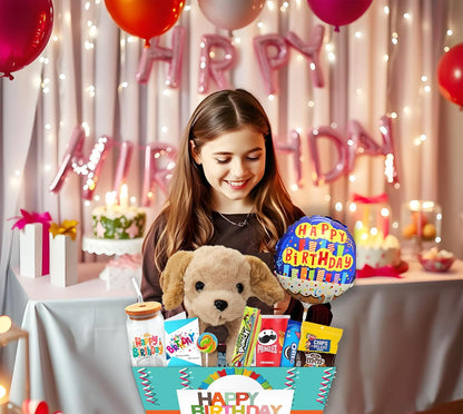 Birthday Gift Basket  Care Package for kids Happy Birthday Balloon & Greeting card, Candy & Snacks. The ultimate variety gift box for boy, girl, teenager, Grandson or Granddaughter, Fun Surprise Box