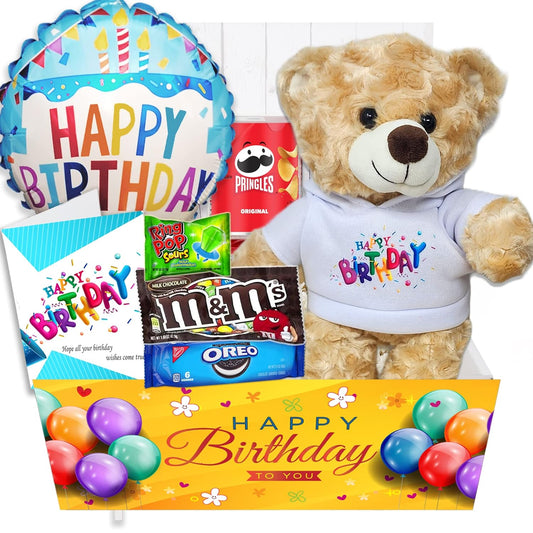 Birthday Gift Basket | Care Package for kids w/Teddy Bear, Happy Birthday Balloon & Greeting card, Candy & Snacks. The ultimate variety gift box for boy, girl, teenager, Grandson or Granddaughter