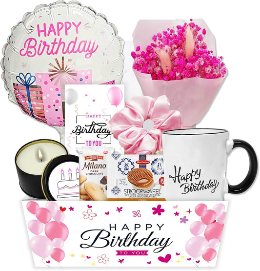 Birthday Gift BasketUnique Care package Gift set for women or teenage girl Variety gift wHappy birthday balloon dried flower bouquet, Card & snacks for best friend, Mom, Wife, Sister, Girlfriend