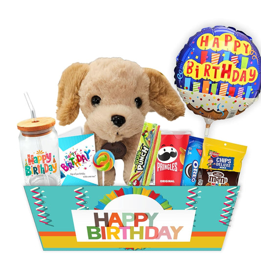 Birthday Gift Basket  Care Package for kids Happy Birthday Balloon & Greeting card, Candy & Snacks. The ultimate variety gift box for boy, girl, teenager, Grandson or Granddaughter, Fun Surprise Box