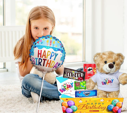 Birthday Gift Basket | Care Package for kids w/Teddy Bear, Happy Birthday Balloon & Greeting card, Candy & Snacks. The ultimate variety gift box for boy, girl, teenager, Grandson or Granddaughter