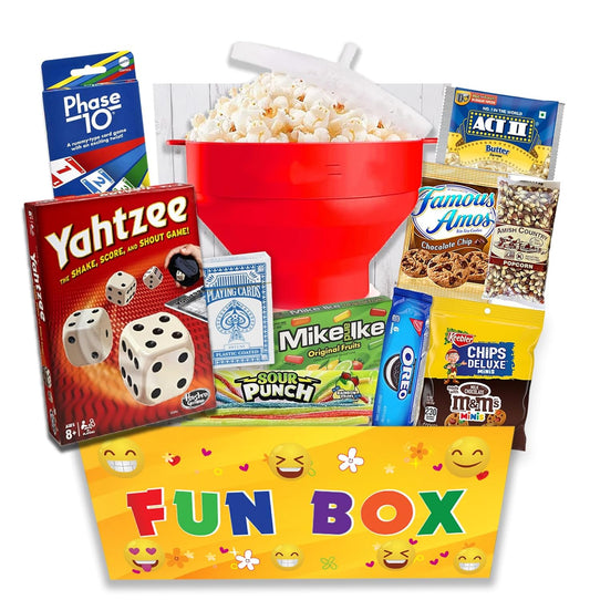 Family Game Night Gift Basket – Bundle of Card & Board Games, Popcorn Maker, Popcorn, Cookies, Savory Candies & Sweets – Fun Housewarming Gift for Families, Adults & Teens Birthday, College