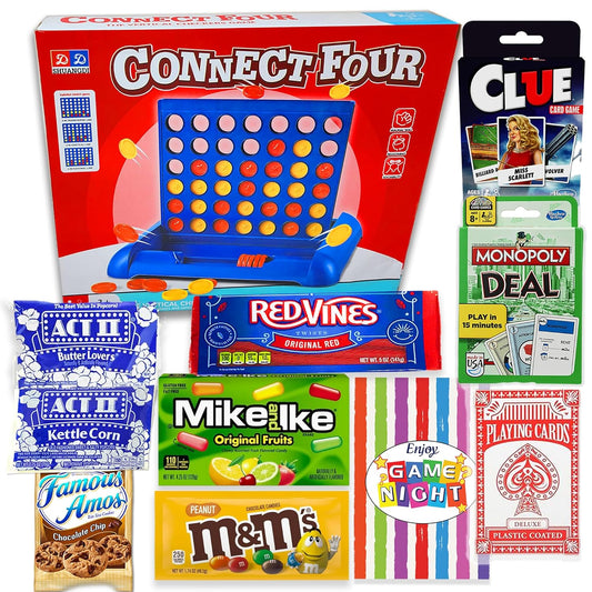 GAME NIGHT Gift basket for family, kids, teens & adults | Playing cards & classic games 4 in a row, Candy & snacks gift box for child’ s birthday or teenage | Great family games & movie night variety gift