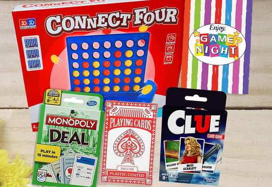 GAME NIGHT Gift basket for family, kids, teens & adults | Playing cards & classic games 4 in a row, Candy & snacks gift box for child’ s birthday or teenage | Great family games & movie night variety gift