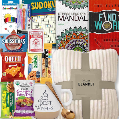 GET WELL SOON Gift basket Art set kit gift with Blanket | Home, Hospital After surgery recovery gift, Activity Books care package | Feel better soon for sick friend & Great Snack Variety