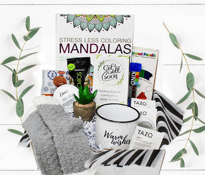 GET WELL SOON Gift basket for women CARE PACKAGE variety box w/snacks After Surgery or Injury Speedy Recovery, feel better soon gift, cancer, hospital w/Self Care Stress Relief Gift, Encouragement