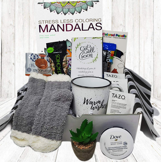 GET WELL SOON Gift basket for women CARE PACKAGE variety box w/snacks After Surgery or Injury Speedy Recovery, feel better soon gift, cancer, hospital w/Self Care Stress Relief Gift, Encouragement