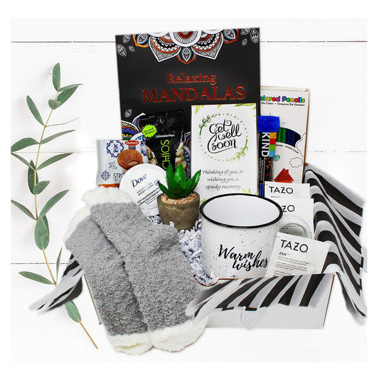 GET WELL SOON Gift basket for women CARE PACKAGE variety box w/snacks After Surgery or Injury Speedy Recovery, feel better soon gift, cancer, hospital w/Self Care Stress Relief Gift, Encouragement