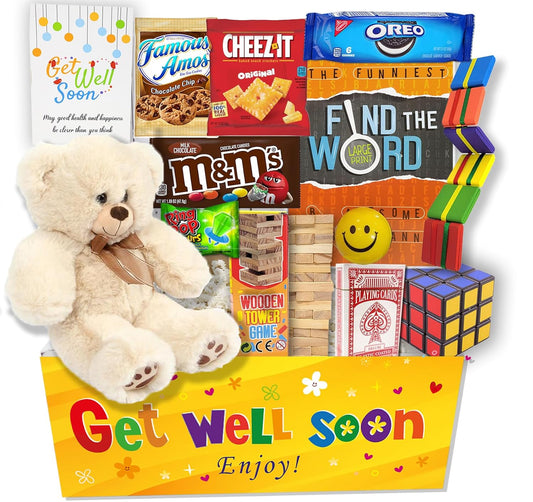 GET WELL SOON care package Gift for KIDS in recovery | Teddy Bear, Candy & Snacks Gift basket w/activities, Hospital or home, Greeting card, bundle package for children boy, girl, Feel better soon