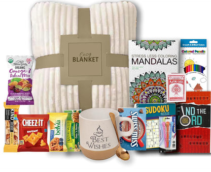 GET WELL SOON Gift basket Art set kit gift with Blanket | Home, Hospital After surgery recovery gift, Activity Books care package | Feel better soon for sick friend & Great Snack Variety
