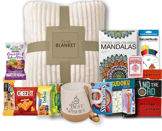 GET WELL SOON Gift basket Art set kit gift with Blanket | Home, Hospital After surgery recovery gift, Activity Books care package | Feel better soon for sick friend & Great Snack Variety