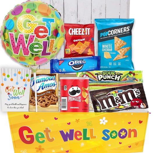 GET WELL GIFT basket, package for kids Unisex, child boy or girl Care package, Feel better soon for home or hospital after surgery w/Balloon, candy & snacks & greeting card
