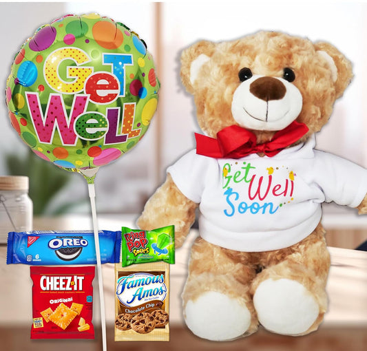 GET WELL GIFT BASKET, care package, w/Teddy Bear & Balloon, Candy & Snacks, greeting card for a sick kid. Recovery gift for a child boy or girl, Feel better soon for home or hospital