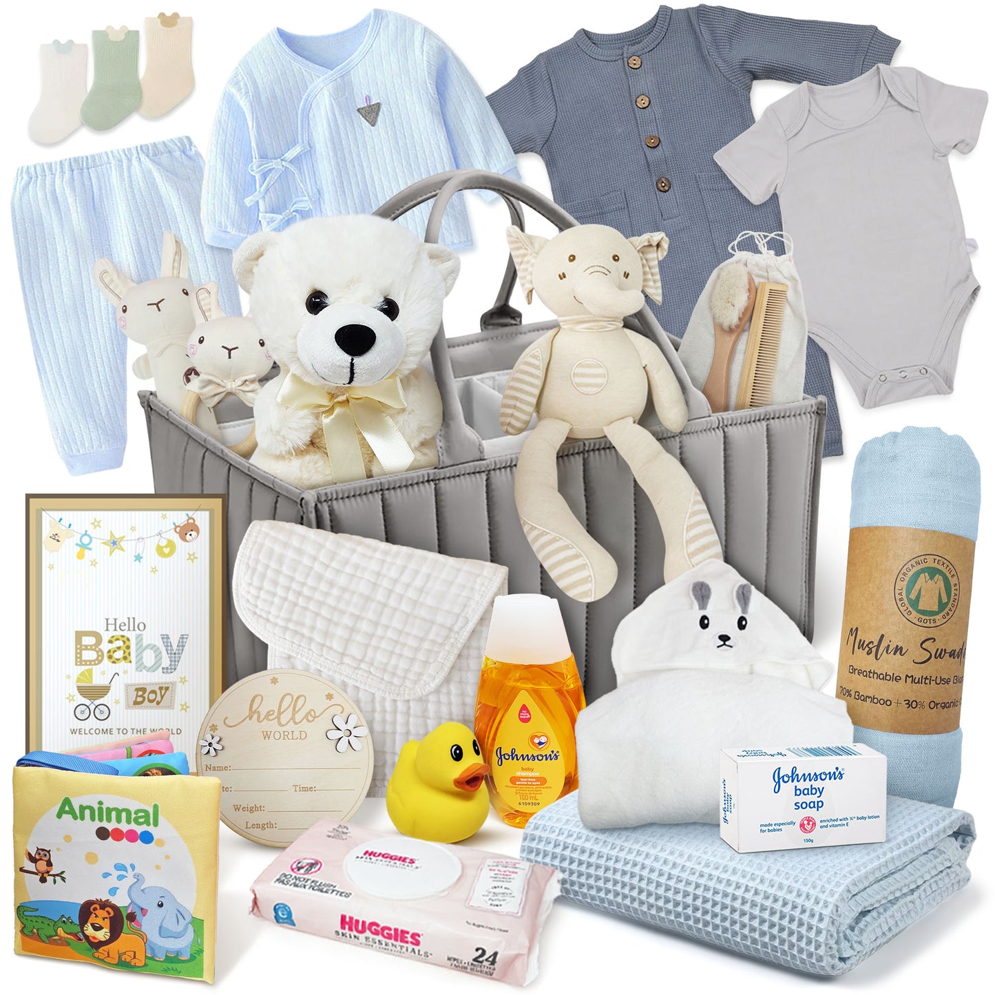 New Baby Boy Gift Basket in Diaper Bag, Grey & Blue Baby Shower Gift Set for New Mom, Newborn Essentials Bundle, Welcome Baby After Labor Gift Beyond The Box