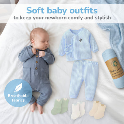 Baby Boy Gift Basket in Diaper Bag, Grey &amp; Blue Newborn Essentials Set for New Moms, Baby Shower Gift, Welcome Baby Care Package After Labor Beyond The Box