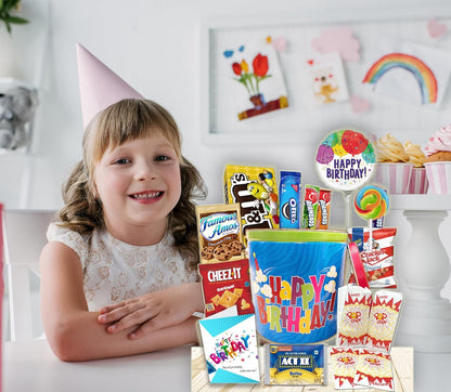 Happy Birthday Gift Basket full of goodies for Kids & Teenagers – Reusable Tin with Balloon, Snacks, Candy, Popcorn, Cookies, Savory Treats & Greeting Card – Birthday Care Package for Boys & Girls