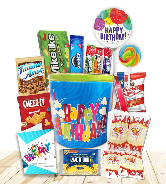Happy Birthday Gift Basket full of goodies for Kids & Teenagers – Reusable Tin with Balloon, Snacks, Candy, Popcorn, Cookies, Savory Treats & Greeting Card – Birthday Care Package for Boys & Girls