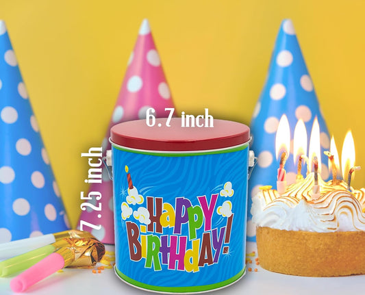 Happy Birthday Gift Basket full of goodies for Kids & Teenagers – Reusable Tin with Balloon, Snacks, Candy, Popcorn, Cookies, Savory Treats & Greeting Card – Birthday Care Package for Boys & Girls