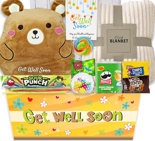KIDS GET WELL SOON care package gift, Squooshy pillow, Cozy Blanket, Candy Snacks gift basket & Greeting card, gift for kids children boy/girl, Feel better soon, home or hospital recovery